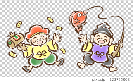 惠比壽和大黑天高興地跳起來-手繪插圖 123755008