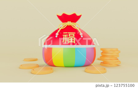 Korean Traditional Lucky bag and Coins. Translation: "Lucky". 3D Rendering Korean Traditional Lucky bag and Coins. Translation: "Lucky". 3D Rendering 123755100