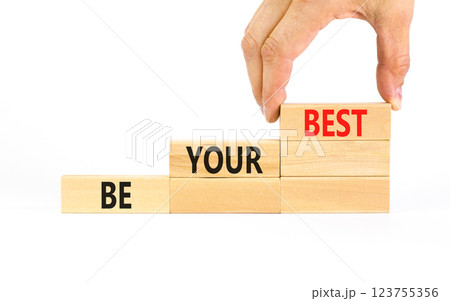 Motivational be your best symbol. Concept words Be your best on beautiful wooden blocks. Beautiful white table white background. Businessman hand. Business motivational be your best concept Copy space 123755356