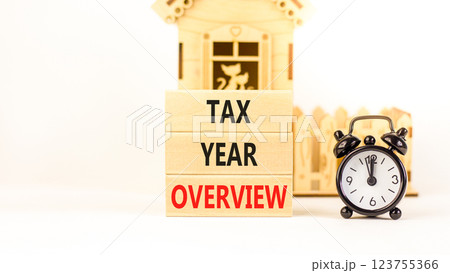 Tax year overview symbol. Concept words Tax year overview on beautiful wooden blocks. Beautiful white background. Black alarm clock. Business tax year overview concept. Copy space. 123755366