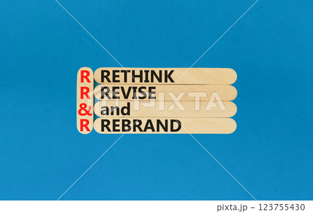 Rethink revise rebrand symbol. Concept word Rethink Revise and Rebrand on beautiful wooden sticks. Beautiful blue background. Business brand rethink revise rebrand concept. Copy space. Rethink revise rebrand symbol. Concept word Rethink Revise and Rebrand on beautiful wooden sticks. Beautiful blue background. Business brand rethink revise rebrand concept. Copy space. 123755430