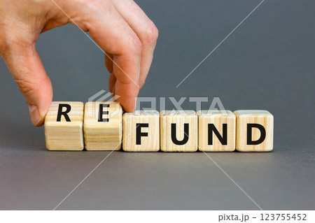 Fund or refund symbol. Concept words Fund Refund on wooden cubes. Beautiful grey table grey background. Businessman hand. Business and fund or refund concept. Copy space. Fund or refund symbol. Concept words Fund Refund on wooden cubes. Beautiful grey table grey background. Businessman hand. Business and fund or refund concept. Copy space. 123755452