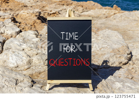 Time for questions symbol. Concept words Time for questions on beautiful black yellow blackboard. Beautiful stone and blue sea sky background. Business time for questions concept. Copy space. Time for questions symbol. Concept words Time for questions on beautiful black yellow blackboard. Beautiful stone and blue sea sky background. Business time for questions concept. Copy space. 123755471