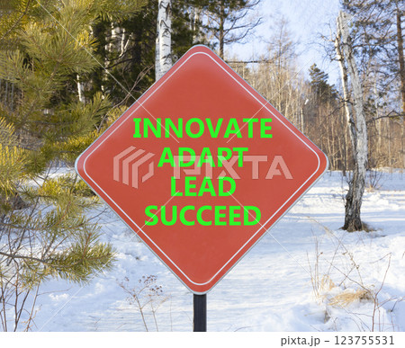 Innovate adapt lead succeed symbol. Concept words Innovate Adapt Lead Succeed on beautiful red road sign. Beautiful winter forest background. Business innovate adapt lead succeed concept. Copy space 123755531