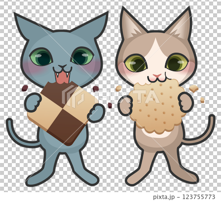 クッキーを食べている2匹の猫のキャラクター クッキーを食べている2匹の猫のキャラクター 123755773