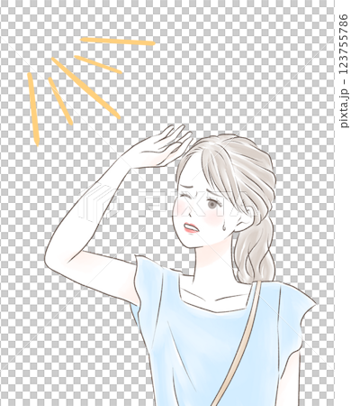 太陽に手をかざして眩しそうにお出かけする女性 123755786
