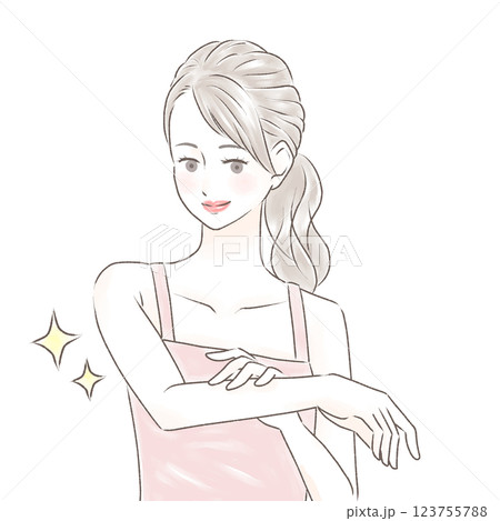 すべすべになった腕を触り喜ぶキャミソールの女性　ポニーテール 123755788