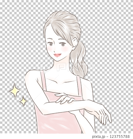 すべすべになった腕を触り喜ぶキャミソールの女性　ポニーテール 123755788