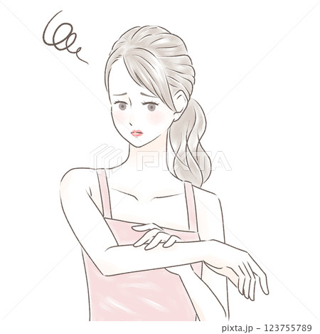 日焼けした腕を触り困った顔をするキャミソールの女性 ポニーテール 日焼けした腕を触り困った顔をするキャミソールの女性 ポニーテール 123755789