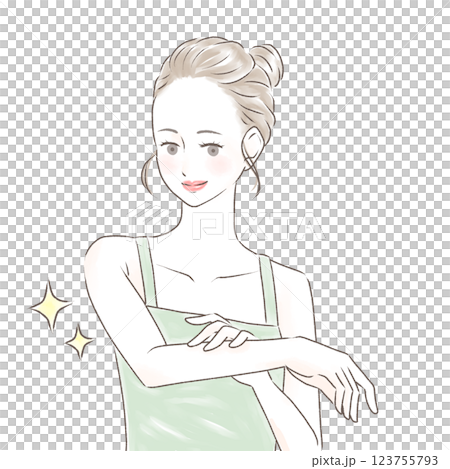 一位身穿吊帶背心的女士開心地撫摸著自己光滑的手臂，梳著髮髻 123755793