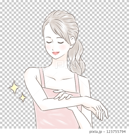 一位身穿背心、綁著馬尾的女士撫摸著自己光滑的手臂，閉上眼睛微笑 123755794