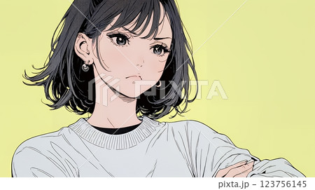 眉をひそめている女性：腕を組んで不安そうに立っている女性