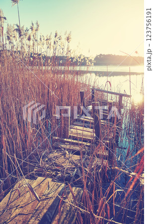 An old fishing platform on Barlinek Lake, color toning applied, Poland. 123756191