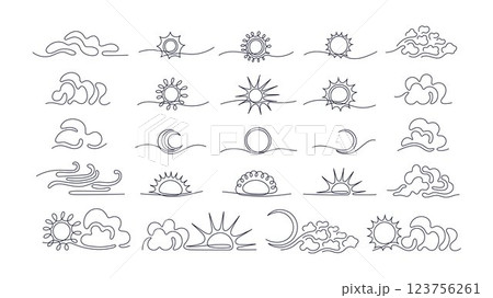 Linear sun, moon, cloud sign. Cloudy weather, sky 123756261