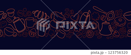Bakery and dessert pattern. Line coffee, tea, cake Bakery and dessert pattern. Line coffee, tea, cake 123756320