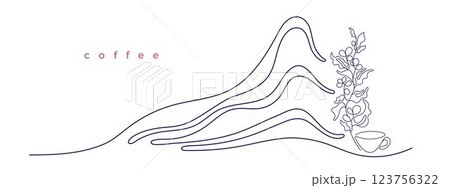 Coffee plant and mountain line sketch Graphic bean 123756322