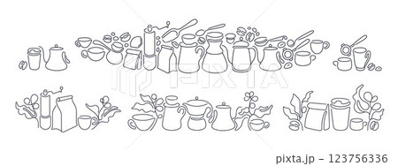 Coffee line design set Espresso cup, abstract bean 123756336