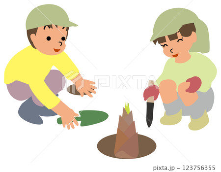 たけのこ狩りをする子どものイラスト01ナイフとスコップでたけのこを掘り出そうとしている兄妹 123756355