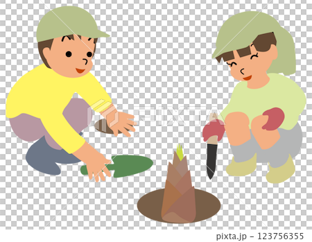 たけのこ狩りをする子どものイラスト01ナイフとスコップでたけのこを掘り出そうとしている兄妹 123756355