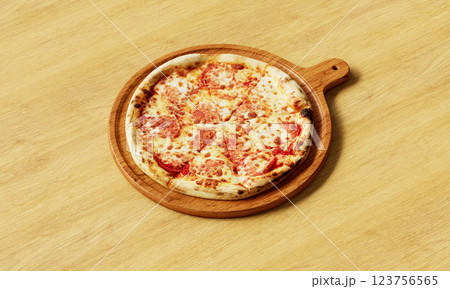 Pizza with Pepperoni on Wood Plate on Wood Background 123756565