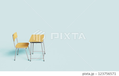 School Desk and Chair with Light Blue Background. 3D Rendering School Desk and Chair with Light Blue Background. 3D Rendering 123756571