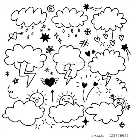 Doodle illustration featuring various clouds, rain, lightning, and sun elements, conveying playful and whimsical atmosphere 123756621