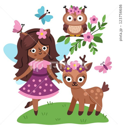 Vector scene with animal fairy, owl, deer, butterfly. Funny composition with little girl. Cute scenery with magic princess with wings, meadow. Fantasy scene illustration. Fairytale picture for kid Vector scene with animal fairy, owl, deer, butterfly. Funny composition with little girl. Cute scenery with magic princess with wings, meadow. Fantasy scene illustration. Fairytale picture for kid 123756686