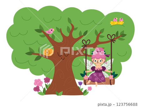 Vector scene with flower fairy on swing, big tree, birds. Funny composition with little girl. Cute scenery with magic princess with wings, meadow. Fantasy scene illustration. Fairytale picture for Vector scene with flower fairy on swing, big tree, birds. Funny composition with little girl. Cute scenery with magic princess with wings, meadow. Fantasy scene illustration. Fairytale picture for 123756688