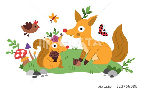 Vector scene with fairytale animals on meadow. Funny composition with squirrel, fox, bird. Cute scenery with magic creatures with acorns, mushroom. Fantasy scene illustration. Fairytale picture for 123756689