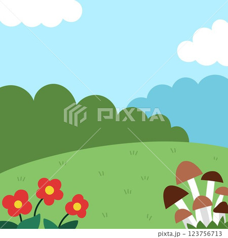 Vector square nature backgrounds. Country, farm or village landscape. Cute scenery with meadow, tree, bushes, sky, flowers, clouds. Forest or woodland scene illustration for kids 123756713