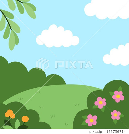 Vector square nature backgrounds. Country, farm or village landscape. Cute scenery with meadow, tree, bushes, sky, flowers, clouds. Forest or woodland scene illustration for kids 123756714