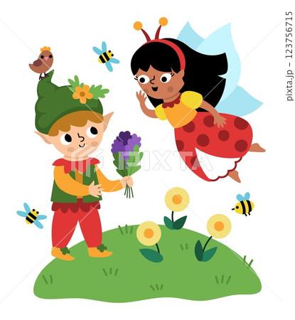 Vector scene with elf giving fairy bug a bouquet. Funny composition with little girl. Cute scenery with magic princess with wings, meadow, flower. Fantasy scene illustration. Fairytale picture for 123756715