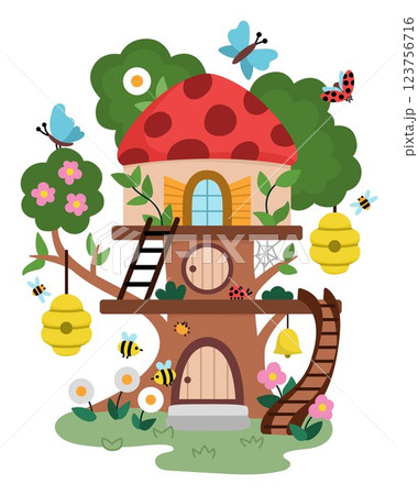 Vector fairy house icon isolated on white background. Woodland princess home clipart. Fantasy forest cottage illustration. Magic fairytale dwelling or treehouse with roof shaped as ladybug, insects 123756716