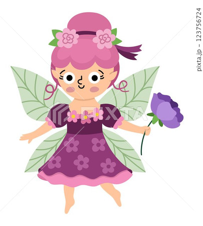 Vector flower fairy icon isolated on white background. Cute little girl with wings. Woodland princess clipart. Fantasy forest fay illustration. Magic fairytale creature in purple dress holding rose 123756724