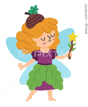 Vector acorn fairy icon isolated on white background. Cute little girl with wings. Woodland princess clipart. Fantasy forest fay illustration. Magic fairytale creature in green leaf dress 123756727