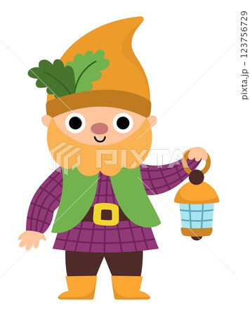 Vector dwarf icon. Magic creature clipart. Cute fairytale character. Woodland fantasy gnome with lamp, acorn leaves on hat, beard. Forest fairy tale illustration isolated on white background Vector dwarf icon. Magic creature clipart. Cute fairytale character. Woodland fantasy gnome with lamp, acorn leaves on hat, beard. Forest fairy tale illustration isolated on white background 123756729