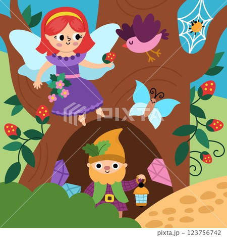 Vector square fairyland background with berry fairy feeding bird, dwarf. Magic land landscape. Woodland scenery with cute princess. Fantasy forest scene illustration. Fairytale picture Vector square fairyland background with berry fairy feeding bird, dwarf. Magic land landscape. Woodland scenery with cute princess. Fantasy forest scene illustration. Fairytale picture 123756742