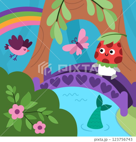 Vector square fairyland background with funny mushroom, bridge, mermaid tail. Magic land landscape. Woodland scenery with cute creature. Fantasy forest scene illustration. Fairytale picture Vector square fairyland background with funny mushroom, bridge, mermaid tail. Magic land landscape. Woodland scenery with cute creature. Fantasy forest scene illustration. Fairytale picture 123756743