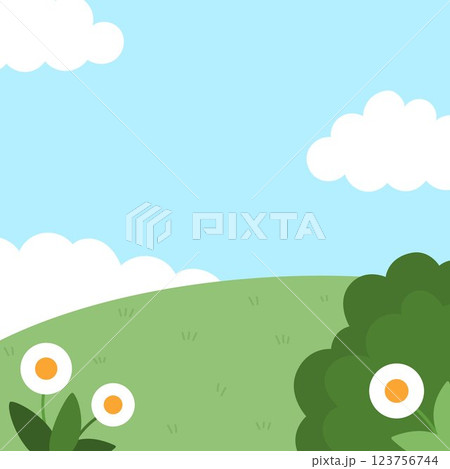 Vector square nature backgrounds. Country, farm or village landscape. Cute scenery with meadow, tree, bushes, sky, flowers, clouds. Forest or woodland scene illustration for kids Vector square nature backgrounds. Country, farm or village landscape. Cute scenery with meadow, tree, bushes, sky, flowers, clouds. Forest or woodland scene illustration for kids 123756744