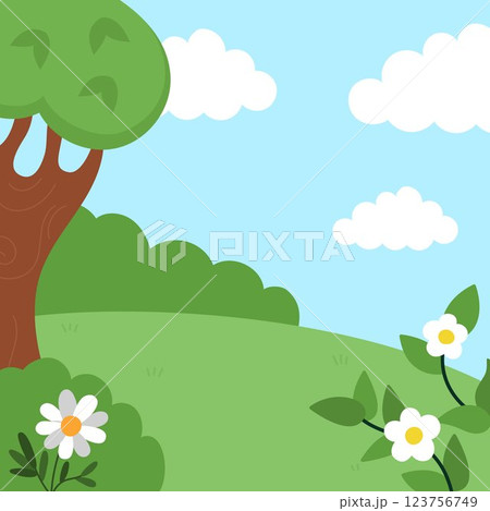 Vector square nature backgrounds. Country, farm or village landscape. Cute scenery with meadow, tree, bushes, sky, flowers, clouds. Forest or woodland scene illustration for kids 123756749