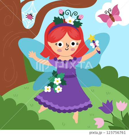 Vector square background with berry fairy. Fairyland landscape illustration. Cute scenery with magic princess with wings, meadow, sky. Fantasy nature scene illustration. Fairytale picture for kid Vector square background with berry fairy. Fairyland landscape illustration. Cute scenery with magic princess with wings, meadow, sky. Fantasy nature scene illustration. Fairytale picture for kid 123756761