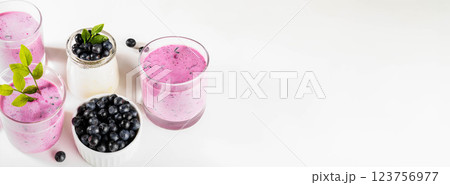Wholesome breakfast. Morning meal with ,yogurt blueberries smoothie, blueberries. Banner. Copy space Wholesome breakfast. Morning meal with ,yogurt blueberries smoothie, blueberries. Banner. Copy space 123756977