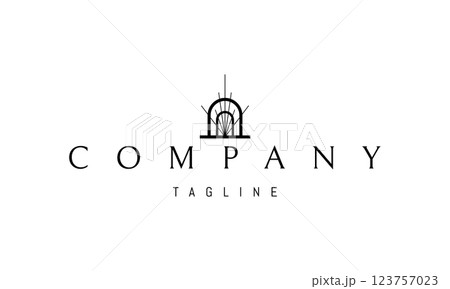 Vector logo with an abstract image of an arch with rays of light coming from the base. 123757023