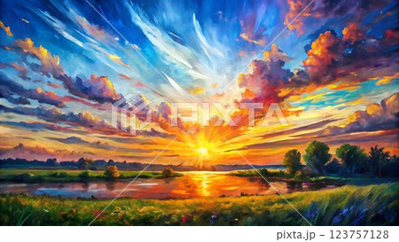 A painting depicting a vibrant sunset over a river, with brushstrokes of warm colors like orange and yellow, creating a sense of tranquility and beauty. The sky is filled with colorful clouds, and a 123757128