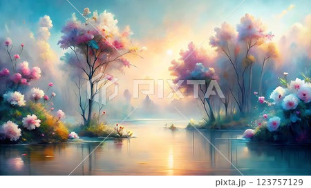 A painting of a foggy lake with delicate pink and white flowers in the foreground, a large tree on the left side of the lake, a cluster of trees on the right side, and the sun shining brightly in the 123757129