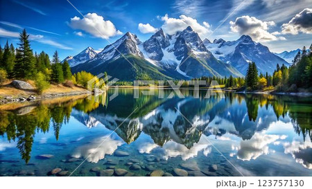 A perfect reflection of a mountain range and the sky above in an idyllic calm lake with large rocks visible at the bottom of the lake and a forest along the shoreline with green trees and some yellow 123757130