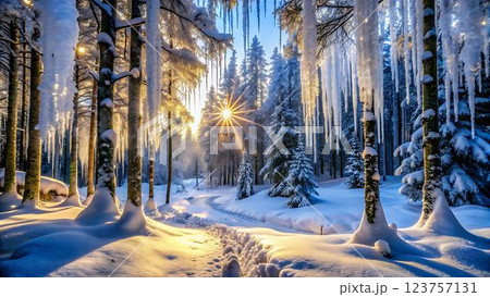A snowy forest scene with tall, snow-covered trees and long icicles hanging from their branches, a bright, sun shining through the trees and casting its warm glow on the snow-covered ground, creating 123757131