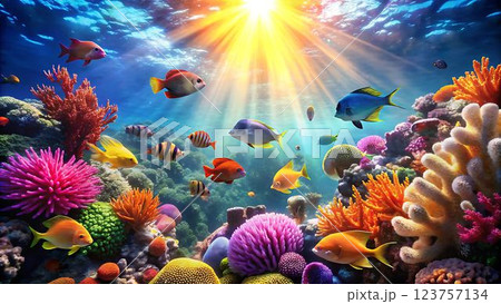 A vibrant underwater scene depicting a colorful coral reef teeming with an array of tropical fish, bathed in the warm glow of sunlight streaming through the crystal-clear water.  The scene is full of A vibrant underwater scene depicting a colorful coral reef teeming with an array of tropical fish, bathed in the warm glow of sunlight streaming through the crystal-clear water.  The scene is full of 123757134