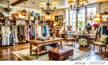 The image shows a vintage-style shop interior with wooden floors and antique furniture, including a large wooden table with books and a flower arrangement, a leather ottoman, and a wooden chair with 123757187