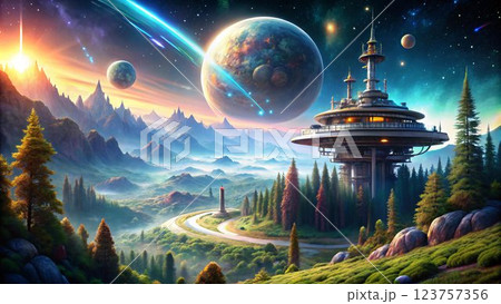 A futuristic space station overlooks a misty valley with a vibrant blue sky dotted with twinkling stars and a large planet in the background.  The station's sleek lines and glass panels reflect the 123757356